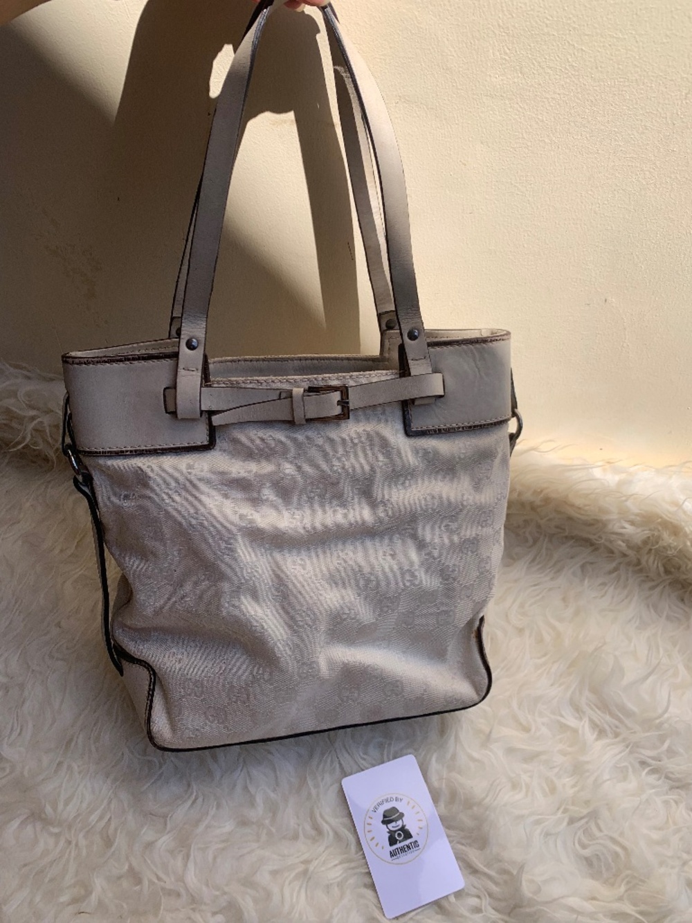 Gucci Buckle Mini Tote in Ivory GG Canvas and White Leather